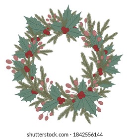 Christmas wreath with evergreen branches, leaves and holly berries. Xmas and New Year decoration. Circle winter garland. Vector illustration.