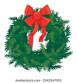 Christmas wreath of evergreen branches on white background. Green fir branches and red bow. Vector Winter Christmas holidays and new year 2025.