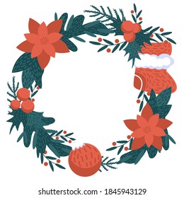Christmas wreath with evergreen branches, red poinsettia, pine, berries and ball. Vector illustration.