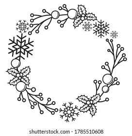 Christmas wreath. Festive decor. Stylized wreath of fir branches with a snowflake. Naturel frame for text. Vector illustration for a holiday card. 