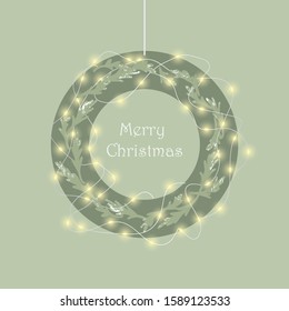 Christmas wreath. Festive decor. Thin LED garland dew. New Year branches. Winter holiday.