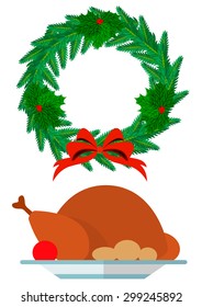 Christmas wreath and festive turkey. Eps10 vector illustration. Isolated on white background