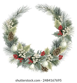 Christmas wreath with fir branch, mistletoe, ball, cone. Holiday decoration.	