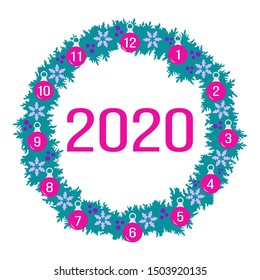 Christmas wreath with fir branches, Christmas balls, snowflakes. Festive background. Design for print, postcard.