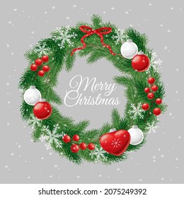Christmas wreath with fir branches, balls, red berries,  bow and snowflakes, hand-drawn.