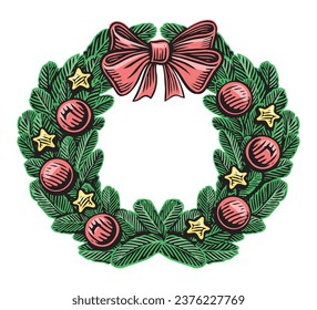 Christmas Wreath with fir branches, balls and bow isolated. Holiday symbol vector illustration
