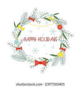 Christmas wreath with fir branches, christmas balls and omela. Vector flat illustration for print, design and greeting cards