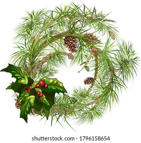 christmas wreath of fir branches with berries and holly leaves, colorful vector hand drawing on a white background, greeting card for the new year