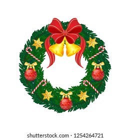 Christmas wreath of fir branches with bow, bells and decorations with no background. Clip art