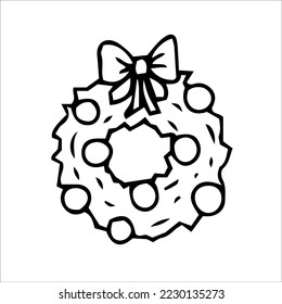 Christmas wreath with fir branches, bow and Christmas toys. Line art style illustration for decoration.