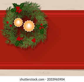 Christmas wreath of fir branches with burning candles inside. Red tablecloth, top view. Vector illustration, flat, carton