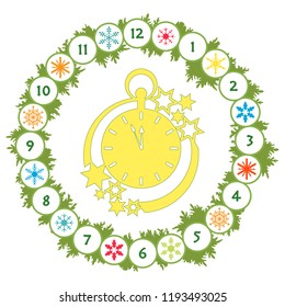Christmas wreath with fir branches, clock, snowflakes. New year and christmas symbols. Happy New Year 2019 card.