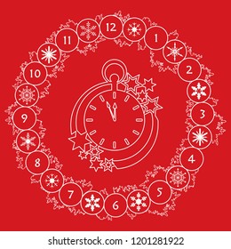 Christmas wreath with fir branches, clock, snowflakes. New year and christmas symbols. Happy New Year 2019 card.