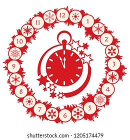 Christmas wreath with fir branches, clock, snowflakes. New year and christmas symbols. Happy New Year 2019 card.