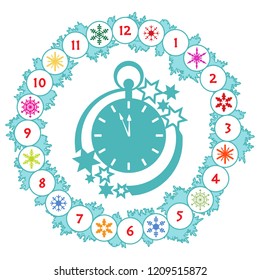 Christmas wreath with fir branches, clock, snowflakes. New year and christmas symbols. Happy New Year 2019 card.