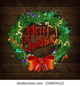 Christmas wreath of Fir branches, cones, red decorations on dark wooden background. Xmas and Happy New Year composition. Vector illustration
