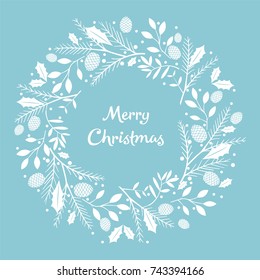 Christmas wreath with fir branches, cones leaves, snowflakes and berries on a white background. Vector illustration.