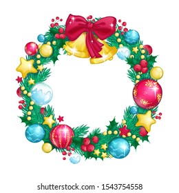 Christmas wreath of fir branches decorated with glass shiny balls, gold stars, beads, holly berries, bow and Christmas bells. Festive vector illustration on a white background.