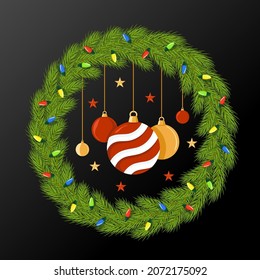 Christmas wreath of fir branches, decorated with a garland with balls and stars inside isolated on a black background. Vector illustration