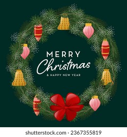 Christmas Wreath with fir Branches, decorated Garland, Vintage Glass Balls, and Bow. Vector illustration in retro style