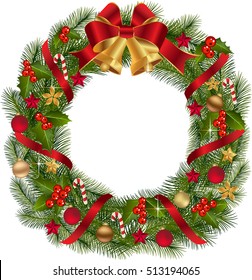 Christmas Wreath with fir branches and decorative elements.