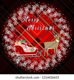 Christmas wreath with fir branches and deer, cones on red tartan background. Vector illustration. eps10