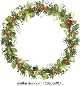 Christmas wreath with fir branches and holly berries. Vector illustration.