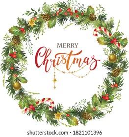 Christmas wreath with fir branches, holly berries and lettering inscription. Vector illustration.