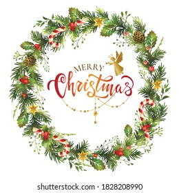 Christmas wreath with fir branches, holly berries, lettering inscription and christmas angels. Vector illustration.