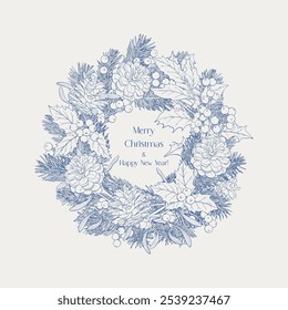 Christmas wreath with fir branches, holly, mistletoe, pine cones, beries. Blue and beige composition. Hand drawn Toile art Vector vintage botanical illustration for design greeting card, holiday decor