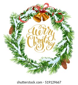 Christmas wreath of fir branches. Merry Christmas lettering text for greeting card. Isolated on white vector illustration