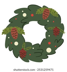 Christmas wreath with fir branches and pine cones. Vector illustration.