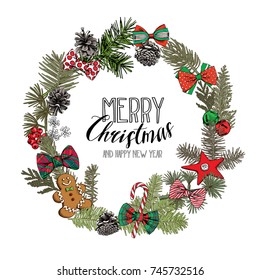 Christmas wreath. Fir branches, Pinecones, Bow ties, bells, gingerbread, lollipop. Vector illustration.