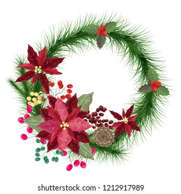 Christmas wreath. A wreath of fir branches, poinsettia, mistletoe, berries. All vector elements are isolated.