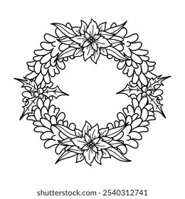 Christmas wreath of fir branches with poinsettia. Hand drawn retro vintage doodle illustration. Festive winter Outline vector.