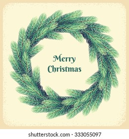 Christmas wreath with fir branches. Retro vector illustration. Place for your text. Design for invitation, card, poster, flyer