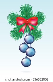 Christmas wreath of fir branches in the shape of a star with a red bow and streamers
and a bunch of hanging blue Christmas balls on light background