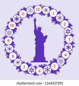 Christmas wreath with fir branches, snowflakes and famous statue. Happy New Year 2019, Christmas card.