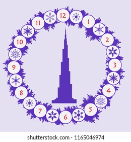 Christmas wreath with fir branches, snowflakes and famous tower. New year and christmas symbols. Happy New Year 2019, Christmas card.