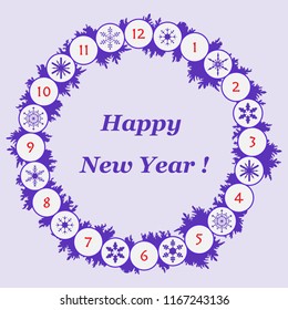 Christmas wreath with fir branches and snowflakes. New year and christmas symbols. Happy New Year 2019 card.