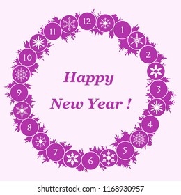Christmas wreath with fir branches and snowflakes. New year and christmas symbols. Happy New Year 2019 card.