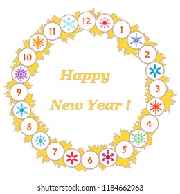 Christmas wreath with fir branches and snowflakes. New year and christmas symbols. Happy New Year 2019 card.