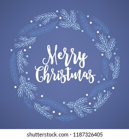 Christmas wreath with fir branches and snowflakes on dark blue background. Perfect for holiday greeting cards.