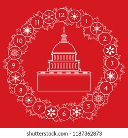 Christmas wreath with fir branches, snowflakes and famous building in the USA. Happy New Year 2019, Christmas card.