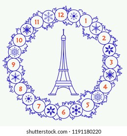 Christmas wreath with fir branches, snowflakes and famous tower. New year and christmas symbols. Happy New Year 2019, Christmas card.