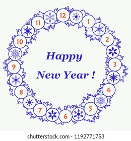Christmas wreath with fir branches and snowflakes. New year and christmas symbols. Happy New Year 2019 card.