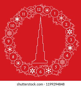 Christmas wreath with fir branches, snowflakes and famous tower. New year and christmas symbols. Happy New Year 2019, Christmas card.