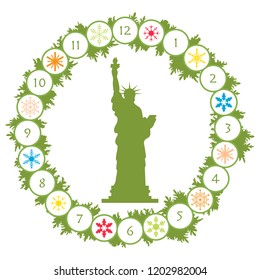 Christmas wreath with fir branches, snowflakes and famous statue. Happy New Year 2019, Christmas card.