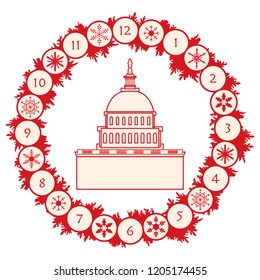 Christmas wreath with fir branches, snowflakes and famous building in the USA. Happy New Year 2019, Christmas card.