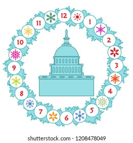 Christmas wreath with fir branches, snowflakes and famous building in the USA. Happy New Year 2019, Christmas card.